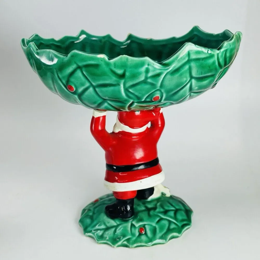 VTG NAPCO Ware Santa Christmas Set 1962 Candy Dish Candle Holder Holly Ceramic